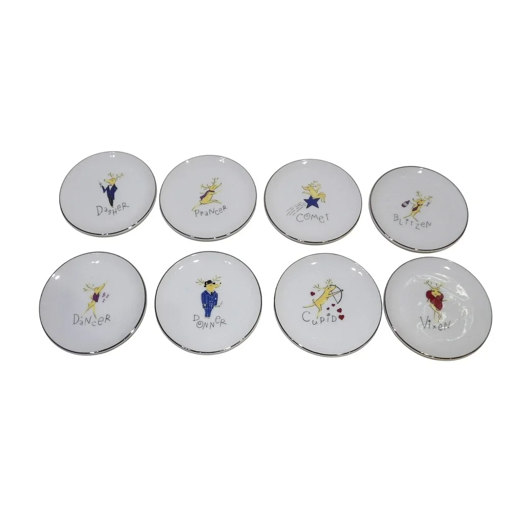 Pottery Barn Reindeer Appetizer Plates Set of 8 Christmas Holiday Japan White